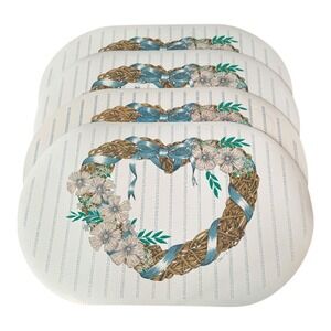 Vintage 1980s Set of 4 Heart Wreath Floral Vinyl Placemats Table Decor